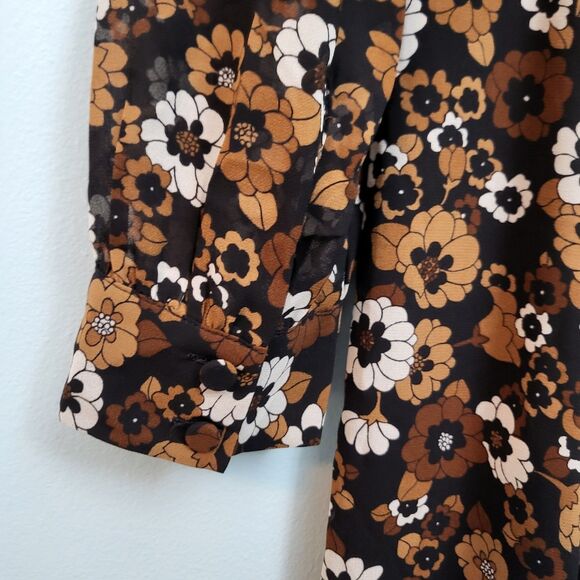 MICHAEL KORS Midi Dress Womens S 4 6 Button Up Brown Floral Long Sleeve V-Neck - Picture 5 of 7